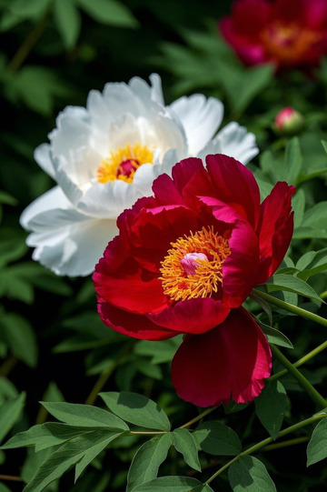 盛开的红白牡丹花