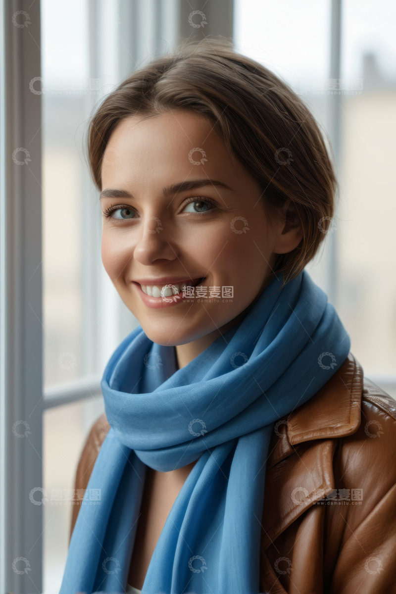 高清大图下载【趣麦麦图】戴围巾微笑的年轻女子肖像