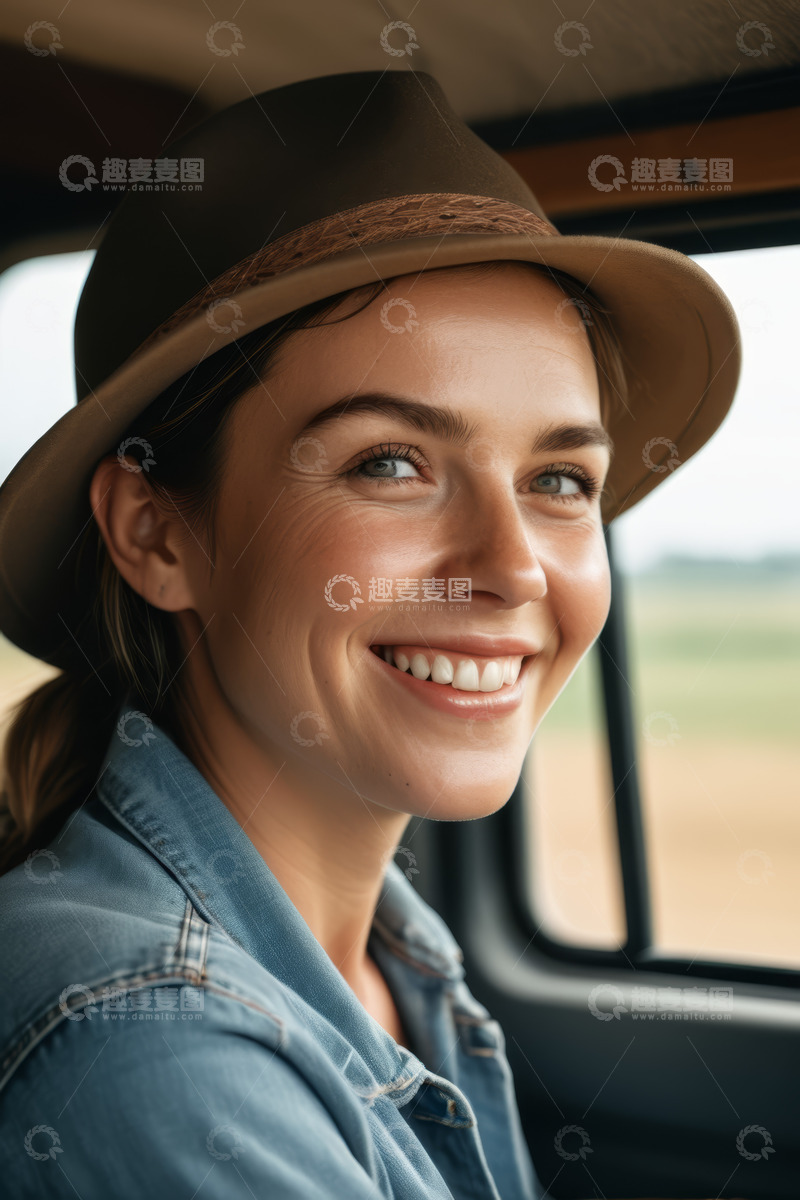 高清大图下载【趣麦麦图】车内微笑的牛仔装女子