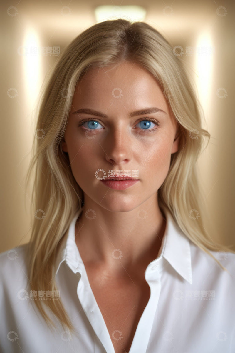 高清大图下载【趣麦麦图】金发女子白衬衫肖像特写