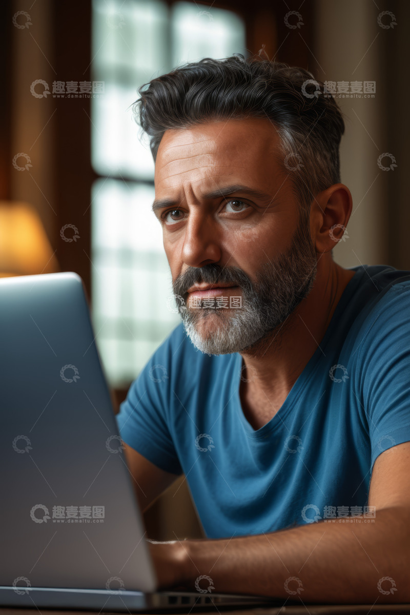高清大图下载【趣麦麦图】中年男子专注使用笔记本电脑