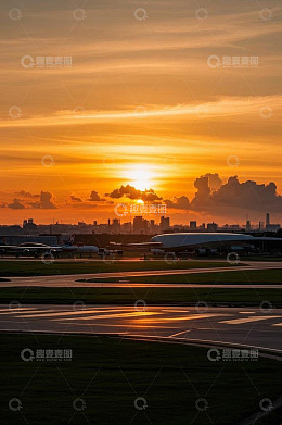 机场日落时分飞机停机坪景象