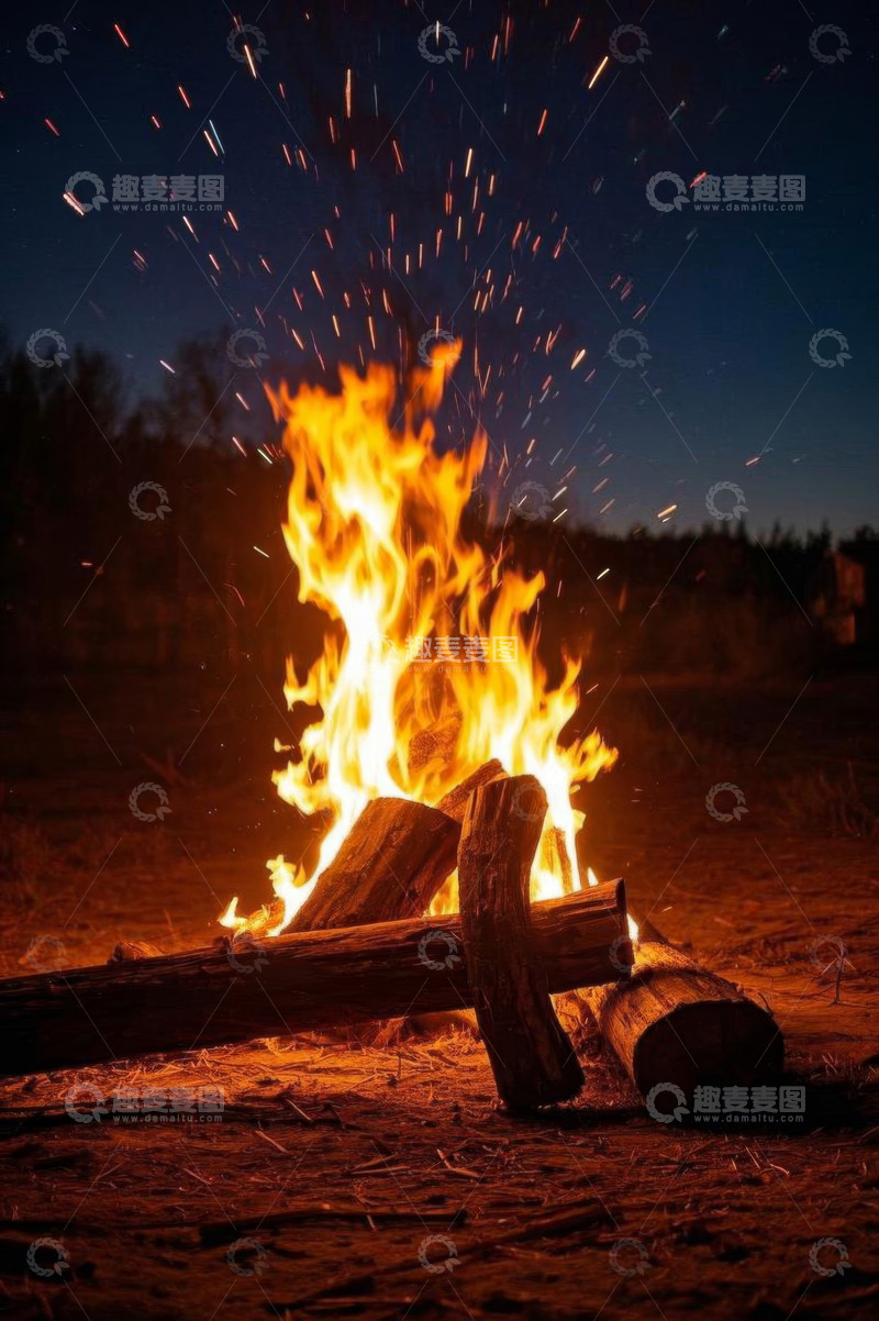 高清大图下载【趣麦麦图】夜晚户外燃烧的篝火
