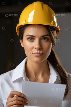 手持纸张戴安全帽的女性工作者