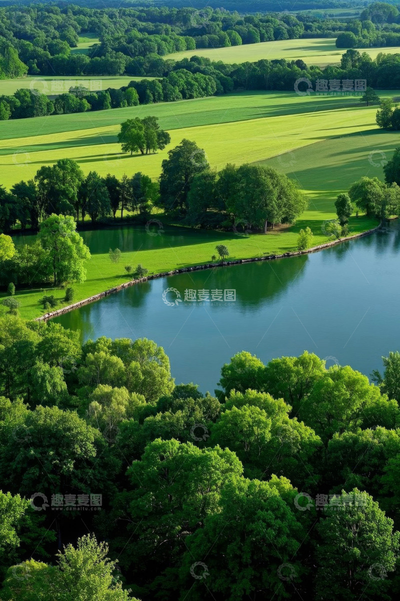 高清大图下载【趣麦麦图】湖畔森林绿野鸟瞰全景