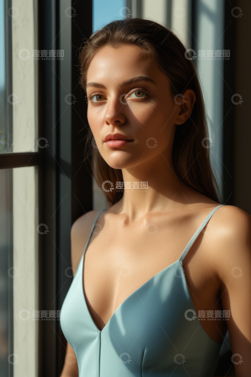 高清大图下载【趣麦麦图】窗边站立的年轻女子肖像