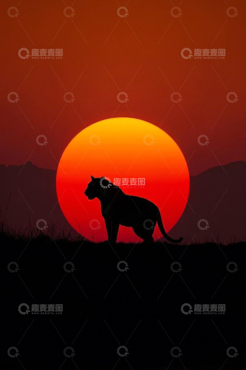 高清大图下载【趣麦麦图】夕阳下站立的老虎剪影