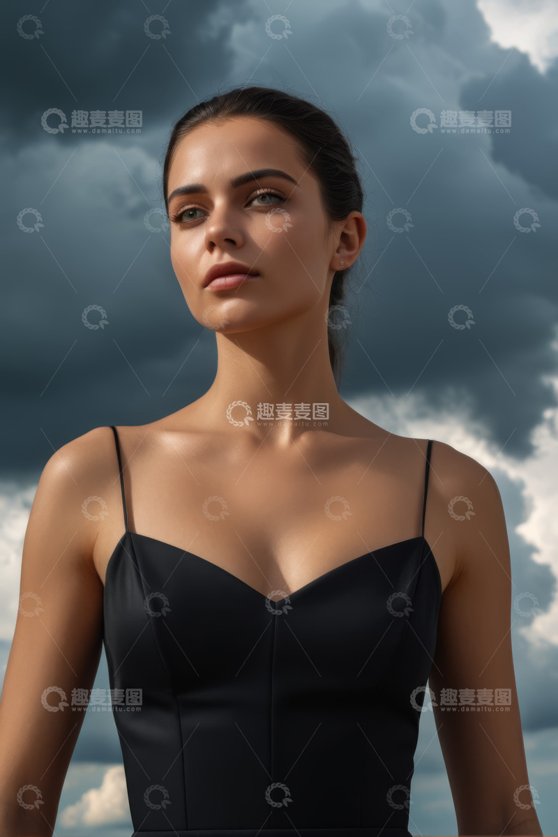 高清大图下载【趣麦麦图】身着黑色吊带的年轻女性肖像
