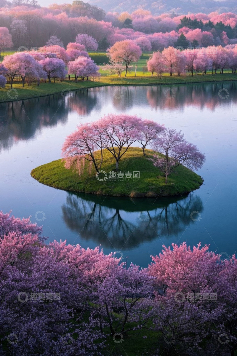 高清大图下载【趣麦麦图】湖畔盛开的樱花林自然风光