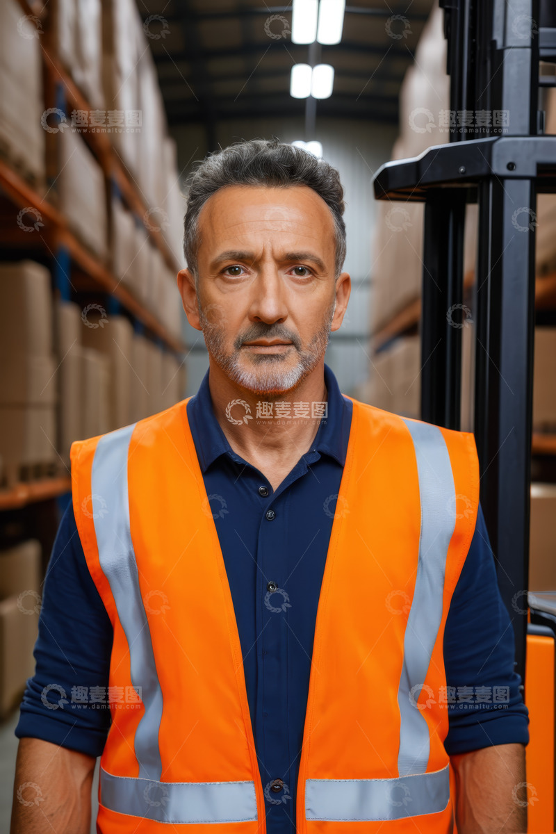 高清大图下载【趣麦麦图】仓库工人身着反光背心肖像