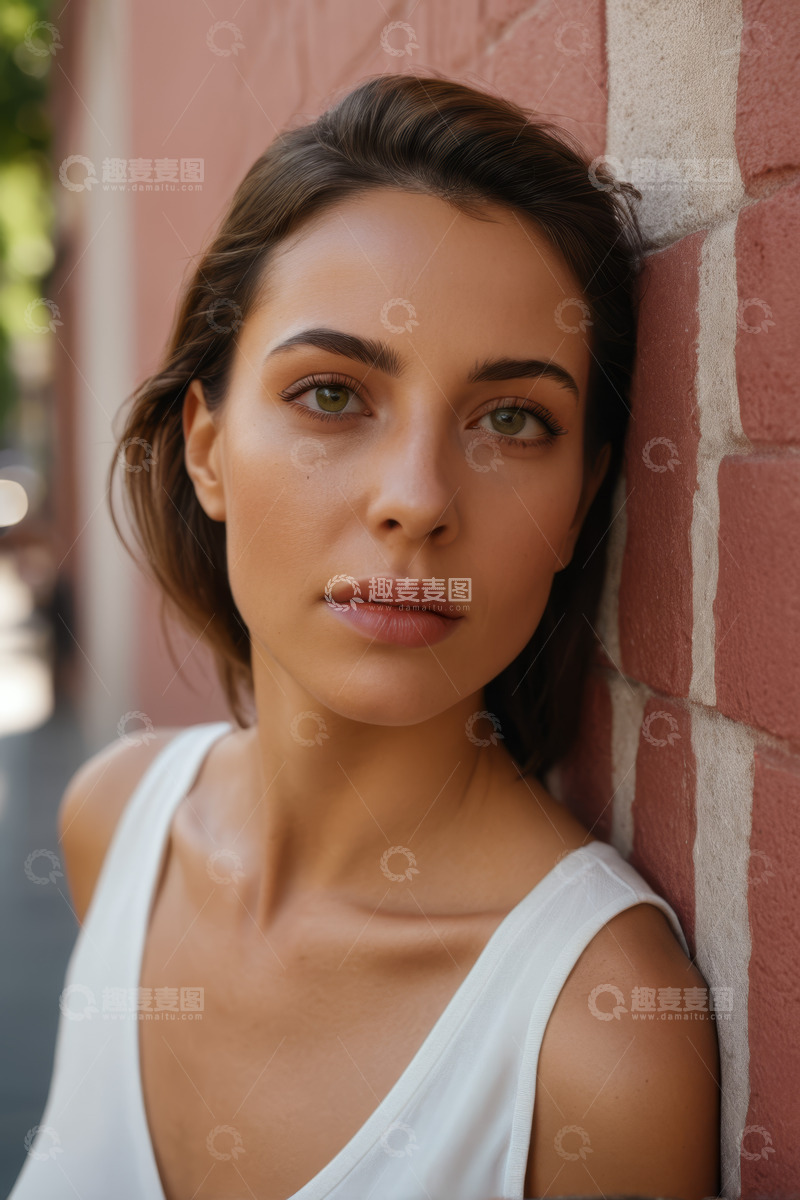 高清大图下载【趣麦麦图】靠墙而立的女子特写