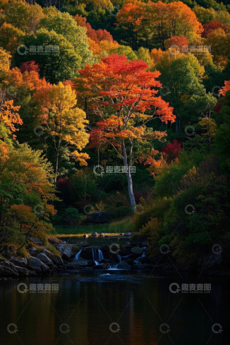 高清大图下载【趣麦麦图】秋季森林溪流多彩树木景观