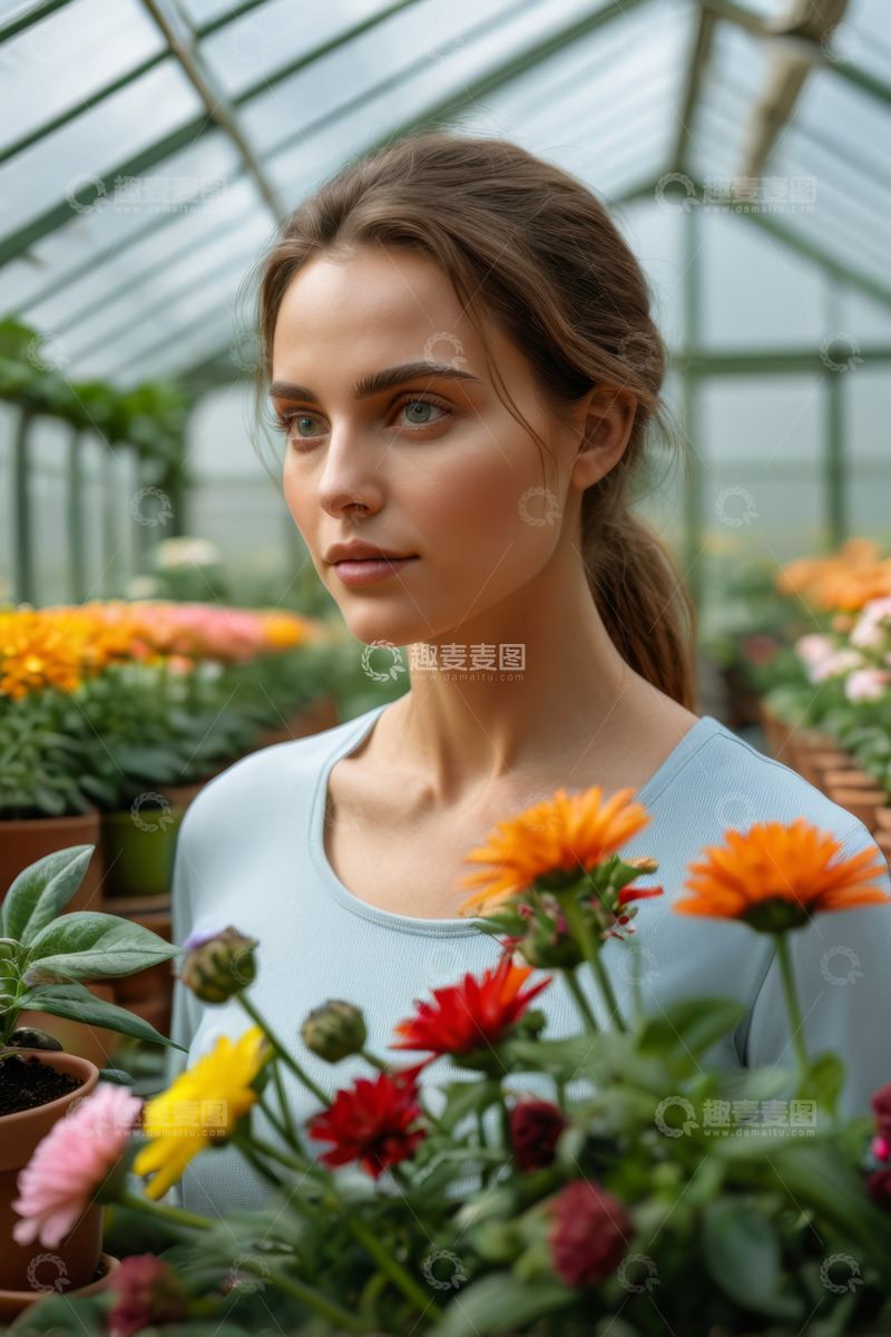 高清大图下载【趣麦麦图】温室中女子与多彩花卉
