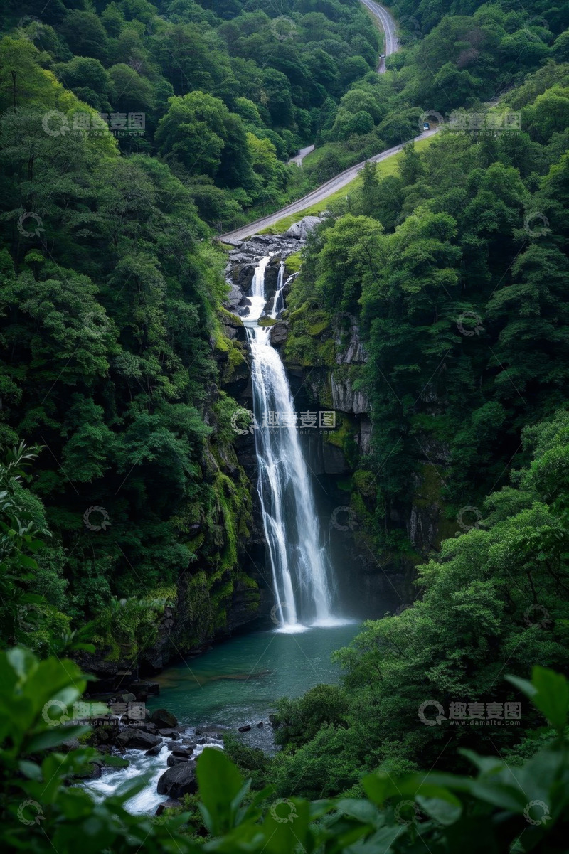 高清大图下载【趣麦麦图】山林间瀑布与蜿蜒公路景观