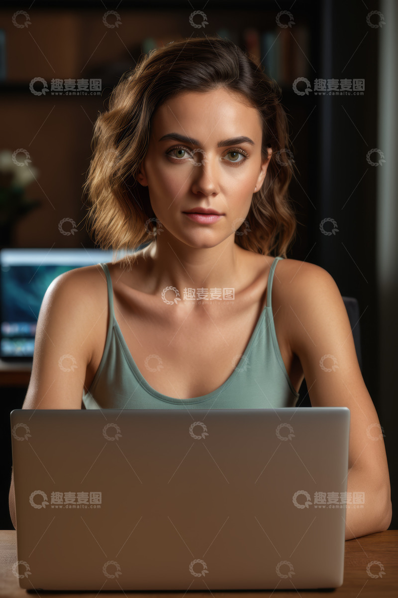 高清大图下载【趣麦麦图】女性居家使用笔记本电脑