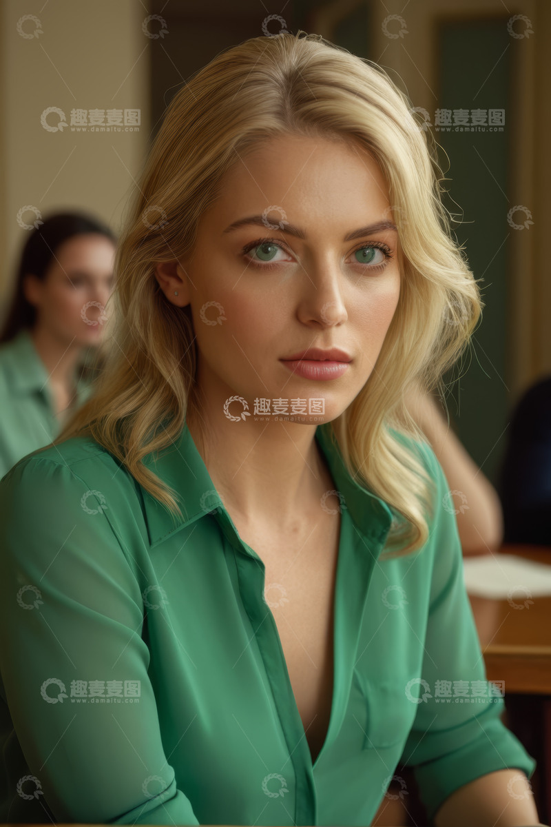 高清大图下载【趣麦麦图】金发女子绿色衬衫近景