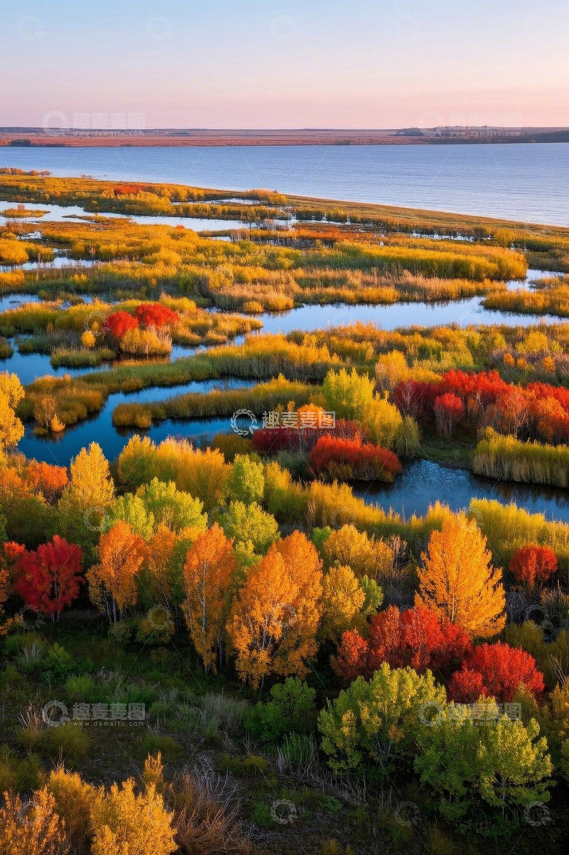 高清大图下载【趣麦麦图】秋季湖泊边多彩树林景观