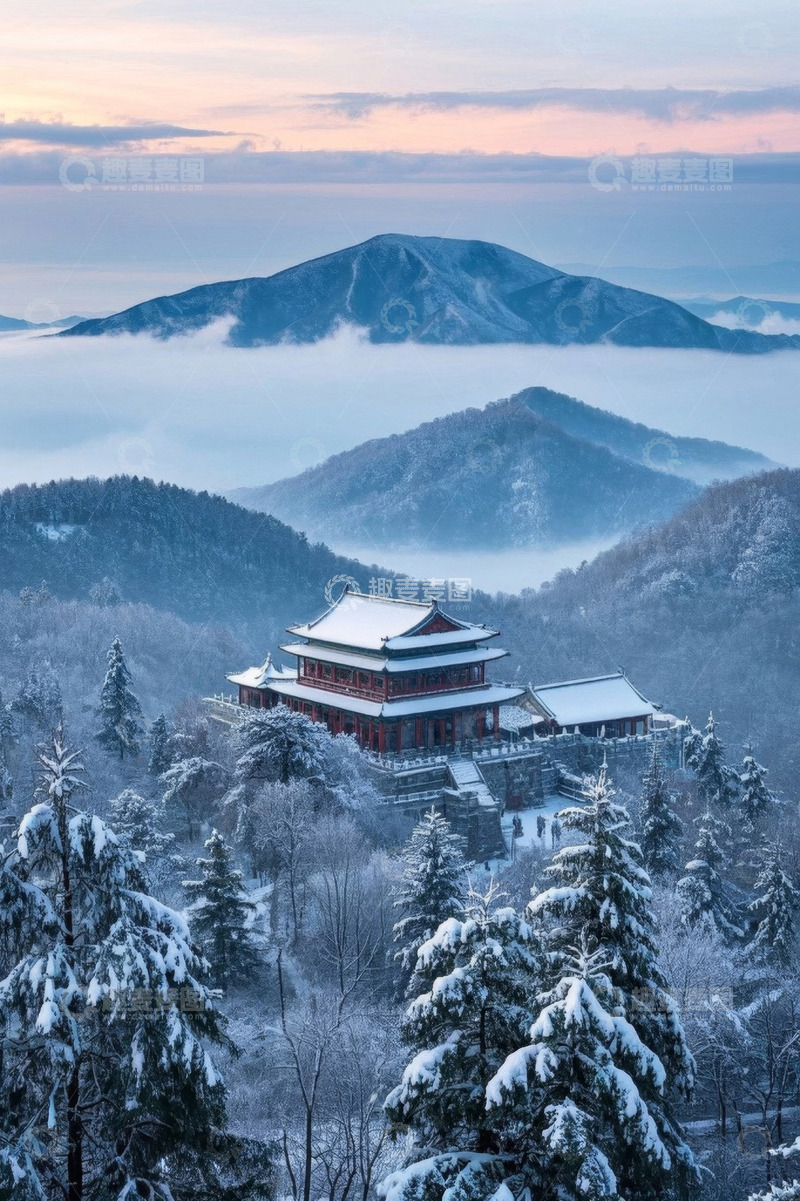 高清大图下载【趣麦麦图】雪后山间古建筑与云海景观