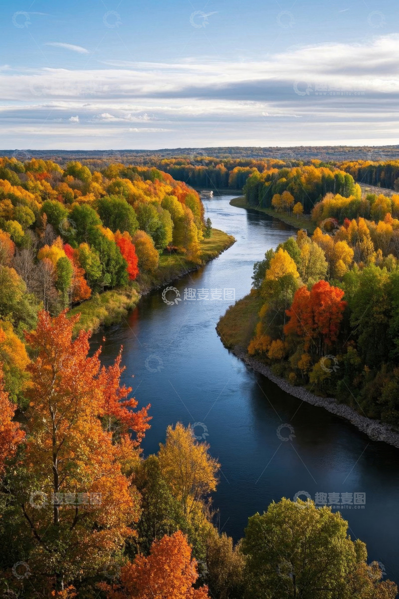高清大图下载【趣麦麦图】秋季森林河流俯瞰美景