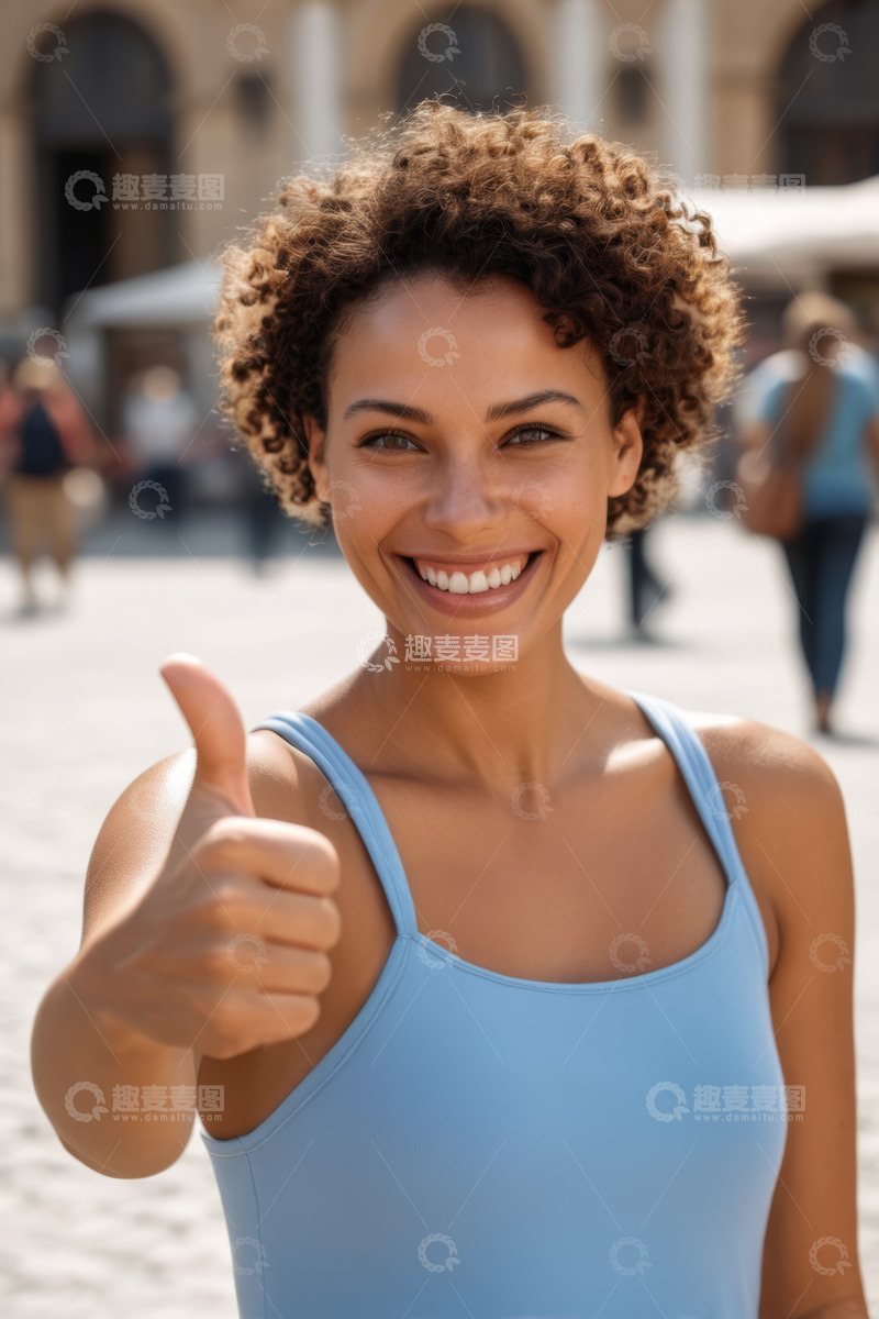 高清大图下载【趣麦麦图】户外微笑女子竖大拇指