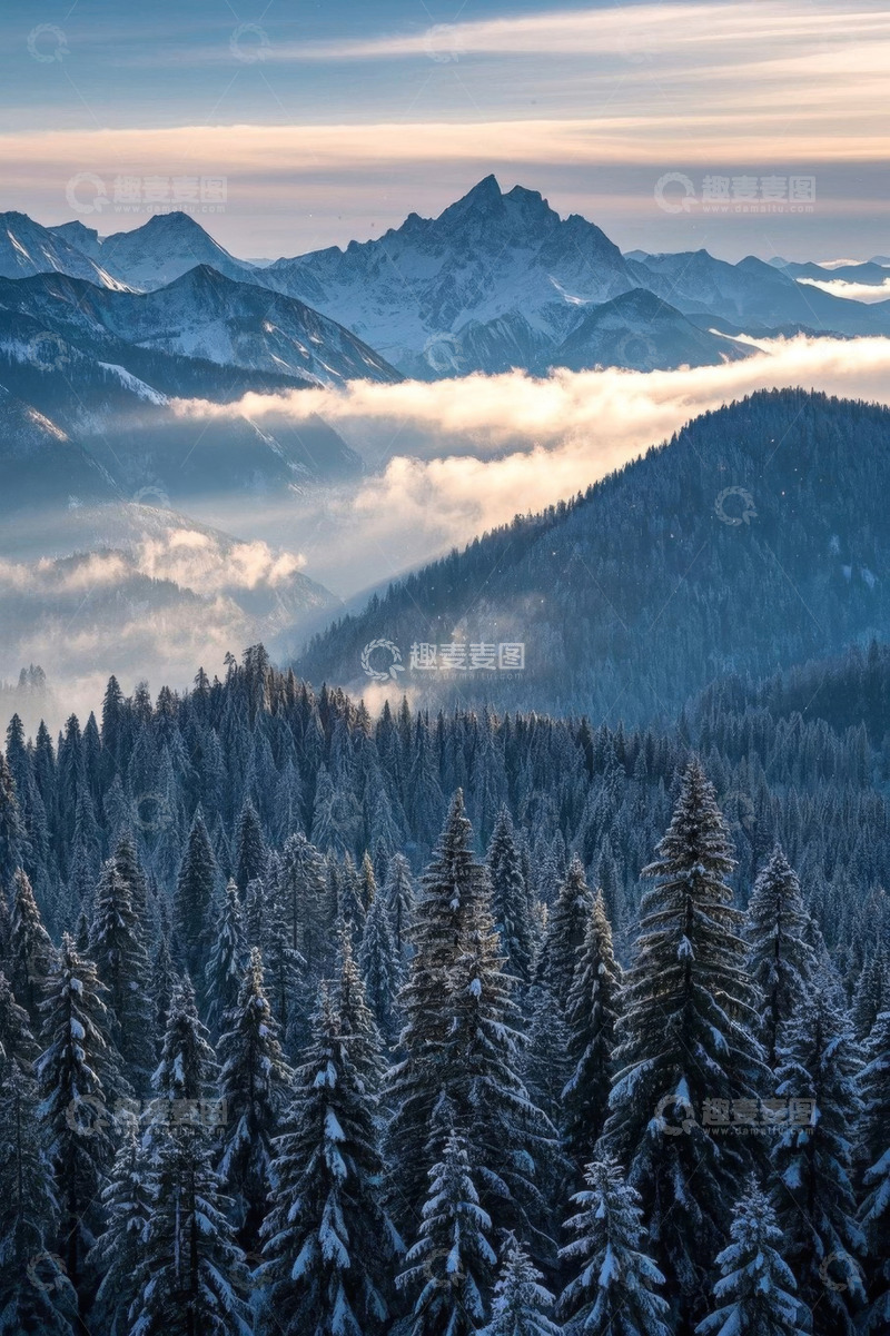 高清大图下载【趣麦麦图】雪覆山林与远山景观