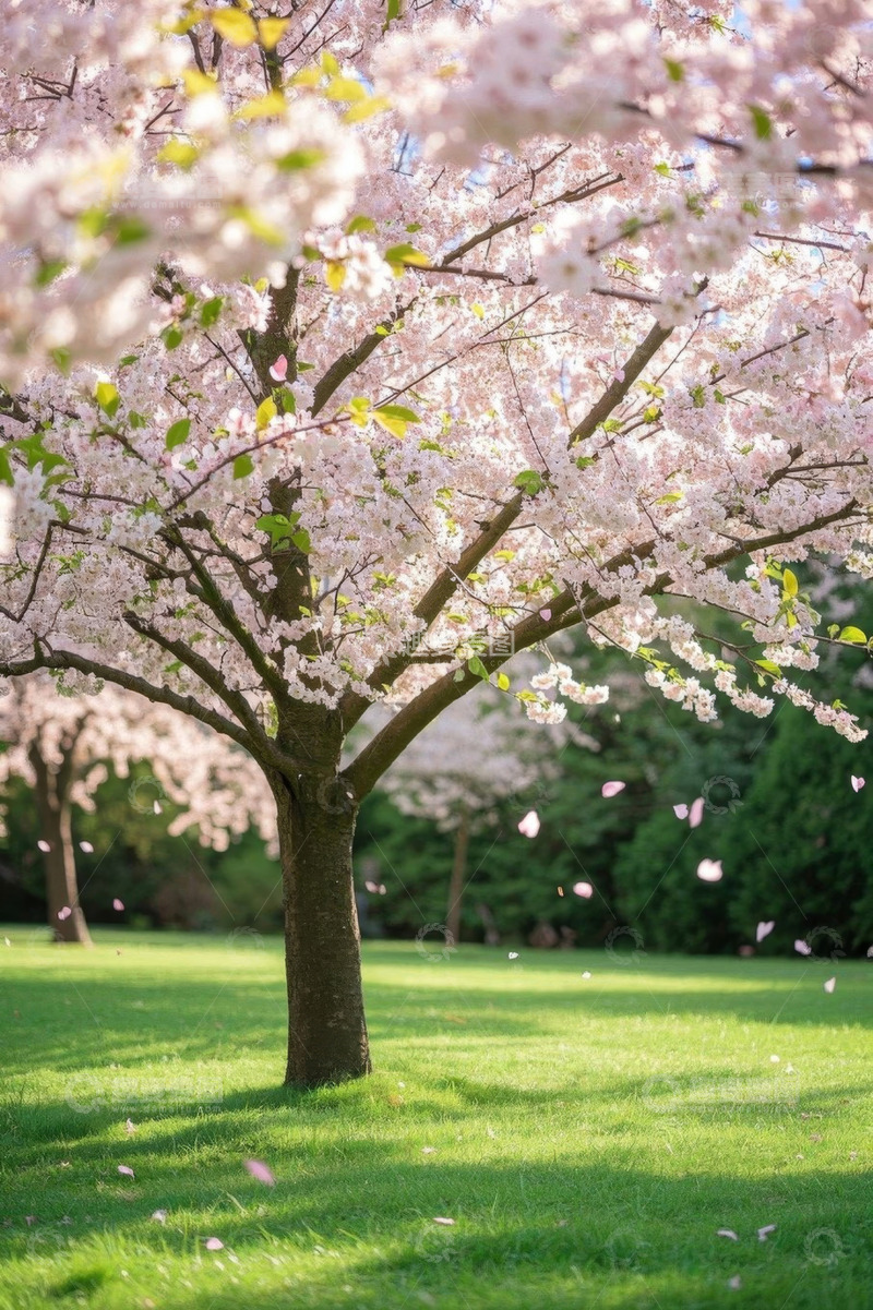 高清大图下载【趣麦麦图】盛开的樱花树与飘落花瓣