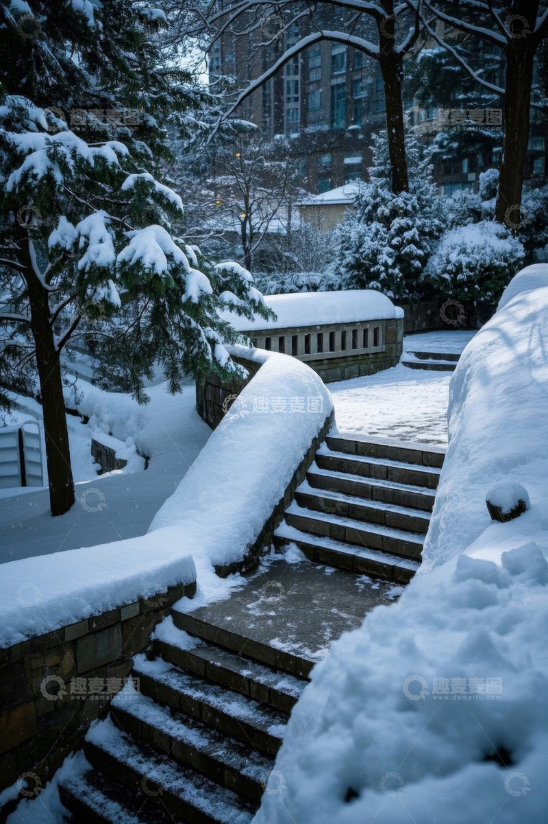 高清大图下载【趣麦麦图】积雪覆盖的林间石阶雪景