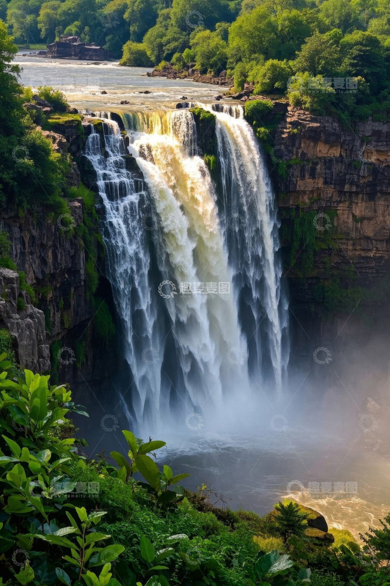高清大图下载【趣麦麦图】自然瀑布与周边植被景观