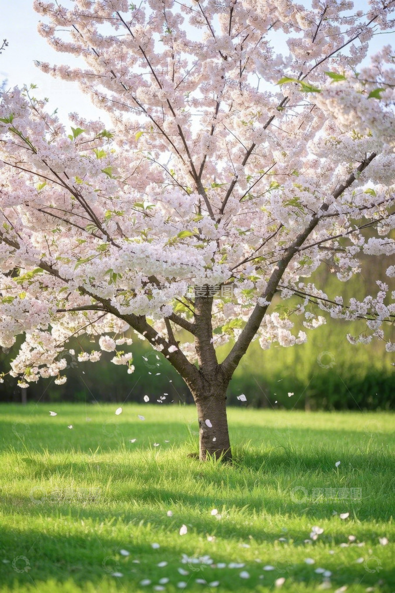 高清大图下载【趣麦麦图】春日草地盛开的樱花树