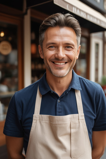 穿围裙微笑男士户外特写
