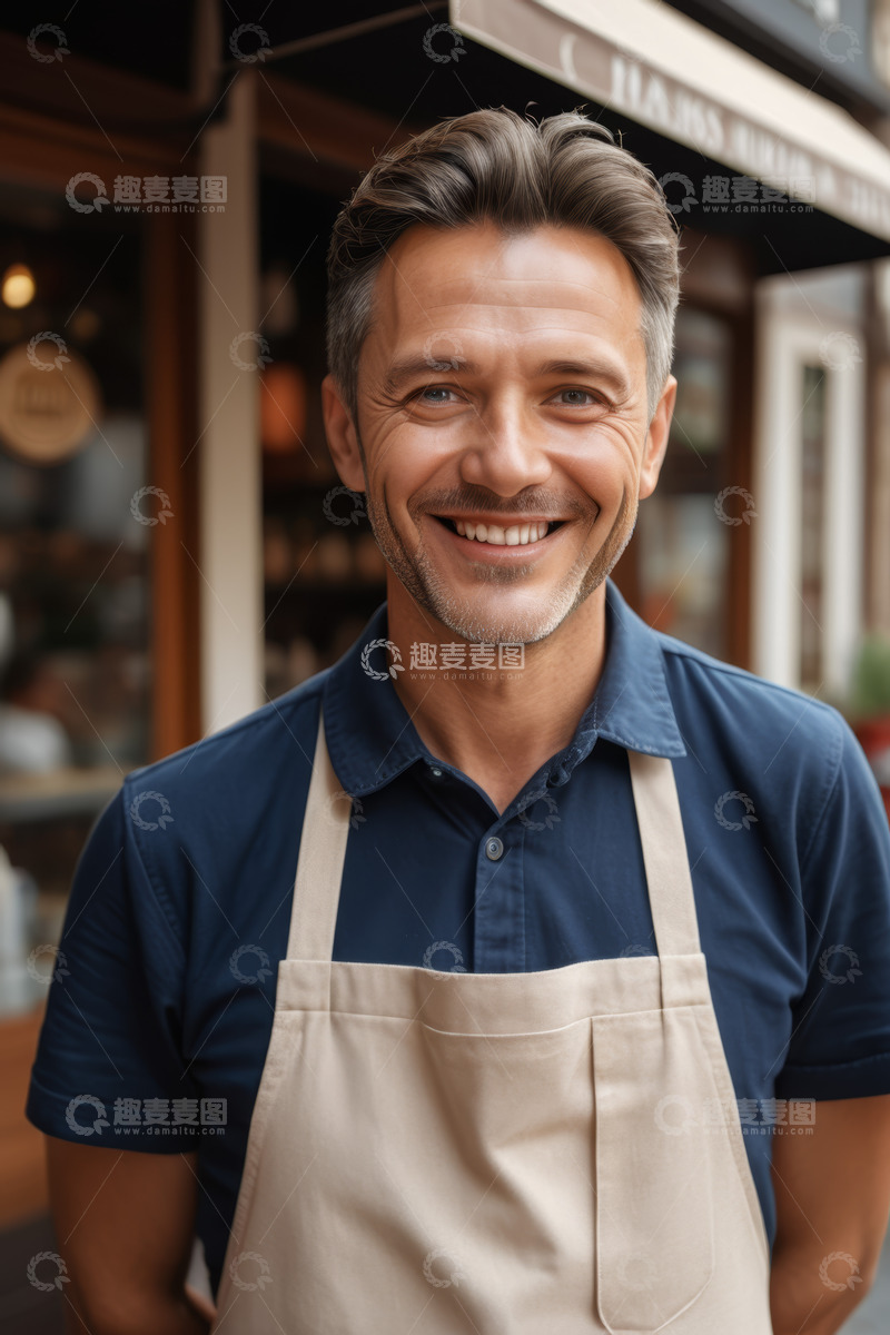 高清大图下载【趣麦麦图】穿围裙微笑男士户外特写