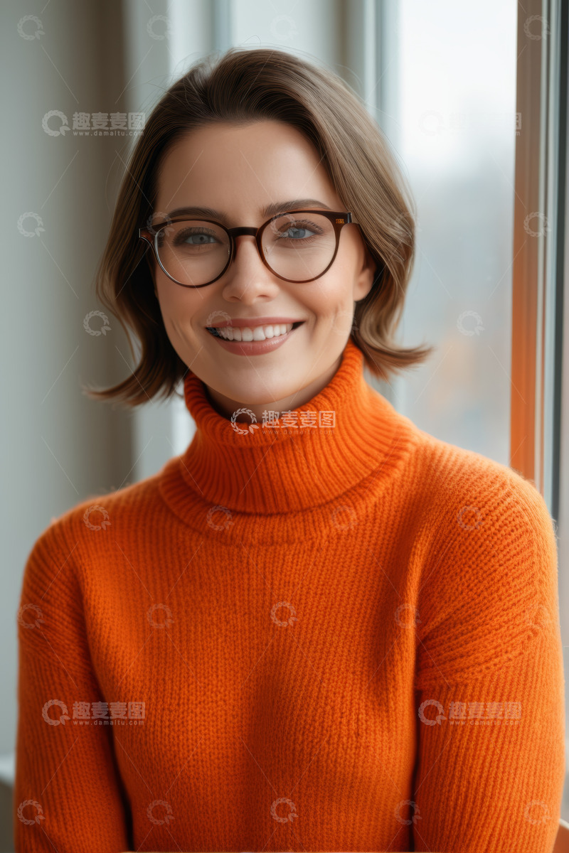 高清大图下载【趣麦麦图】戴眼镜微笑女性室内肖像