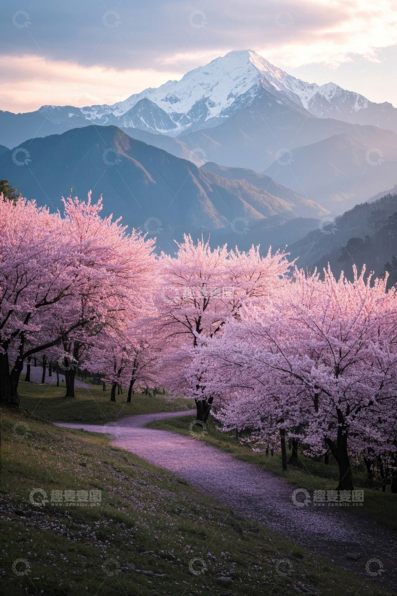 高清大图下载【趣麦麦图】山间樱花小径与远处雪山景观