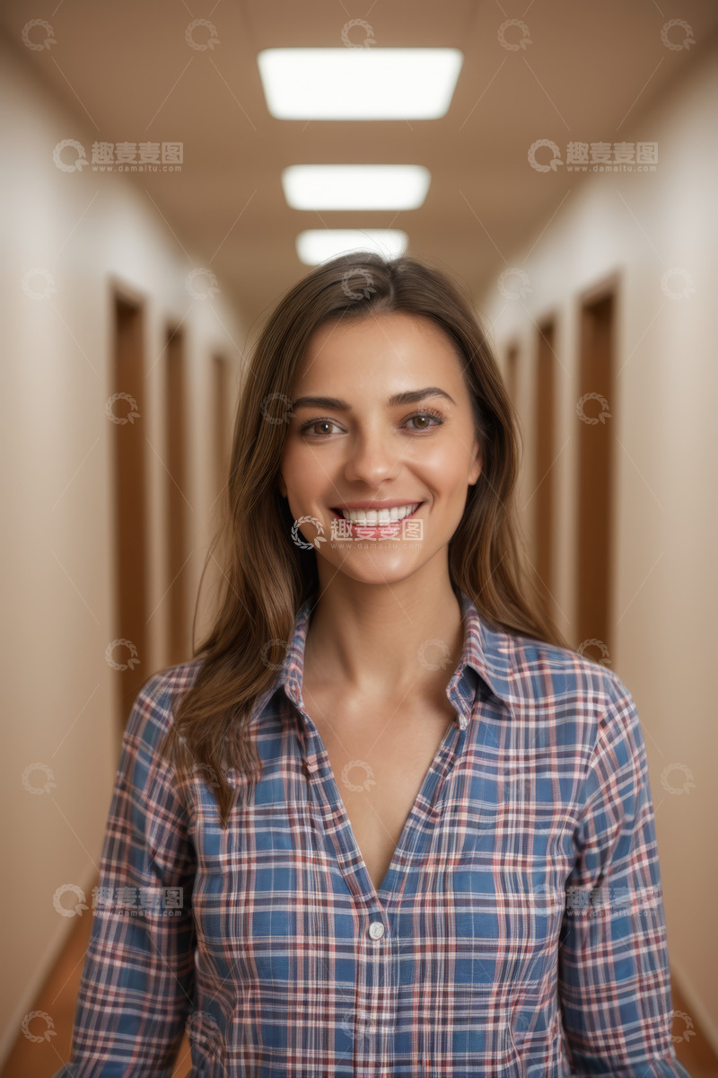 高清大图下载【趣麦麦图】走廊中微笑的格子衬衫女性