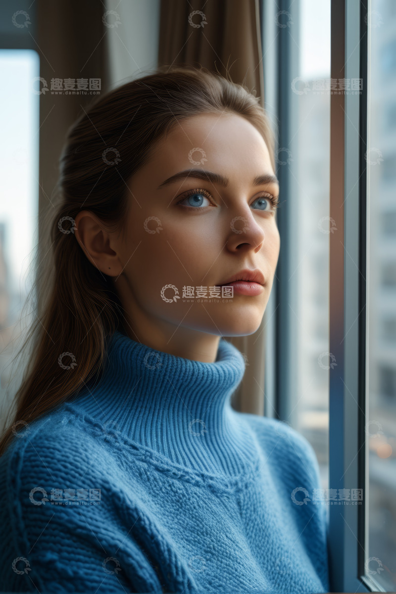 高清大图下载【趣麦麦图】窗边穿蓝毛衣的年轻女子