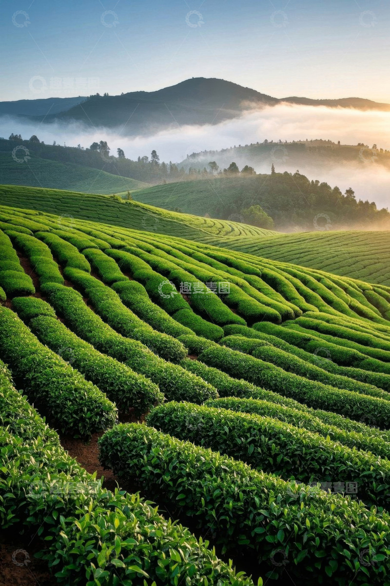 高清大图下载【趣麦麦图】晨雾中的绿色茶园风光