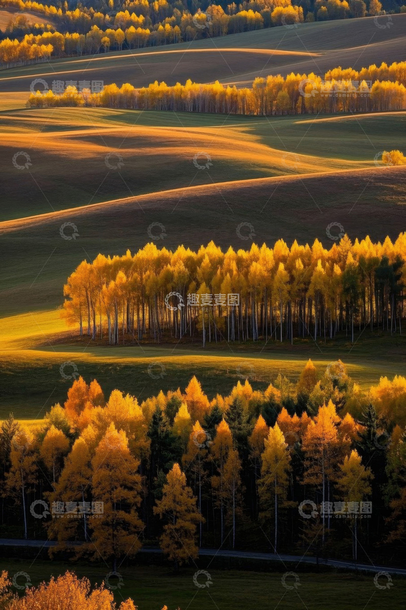 高清大图下载【趣麦麦图】秋季原野金黄树林风景