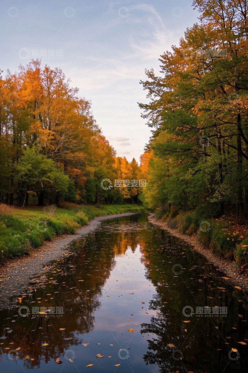 高清大图下载【趣麦麦图】秋日森林中的河流景观