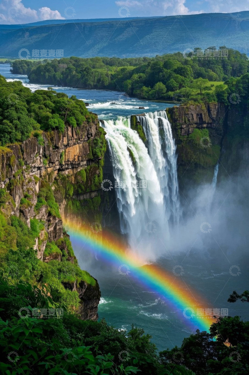 高清大图下载【趣麦麦图】壮丽瀑布与彩虹自然景观