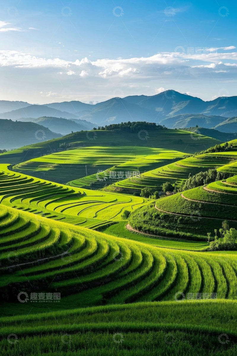 高清大图下载【趣麦麦图】田园风光绿色梯田与远山