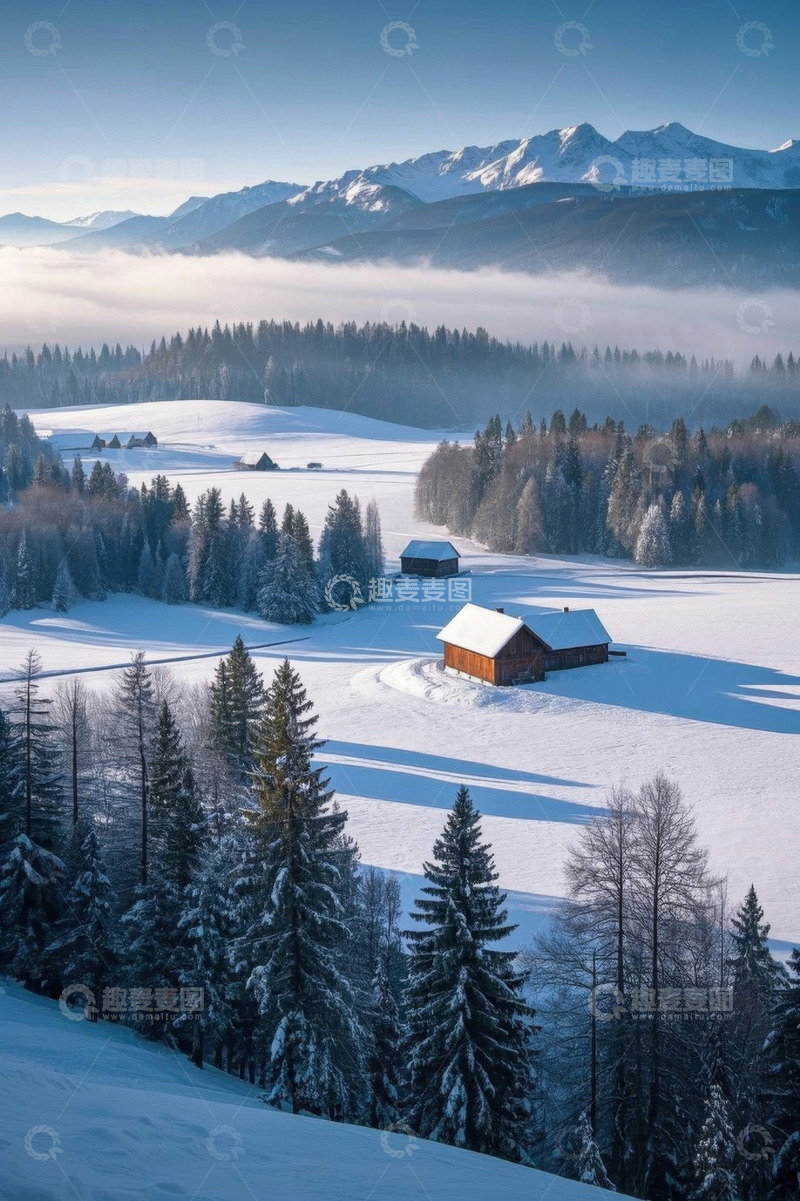 高清大图下载【趣麦麦图】雪山下的冬日森林雪景