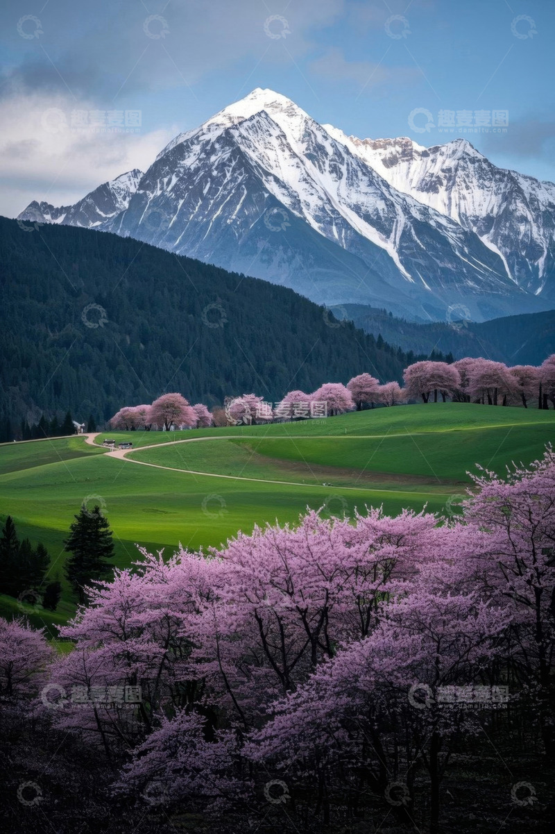 高清大图下载【趣麦麦图】雪山下粉色桃花自然风光