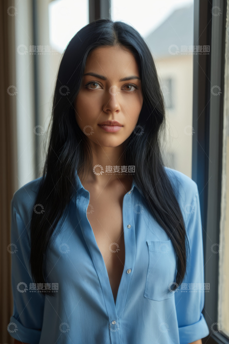 高清大图下载【趣麦麦图】窗边站立的长发女子肖像