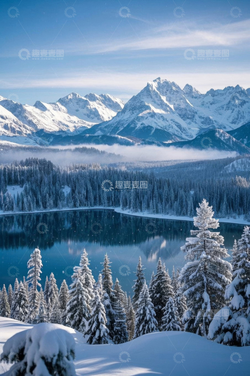高清大图下载【趣麦麦图】雪山森林湖泊冬日自然景观