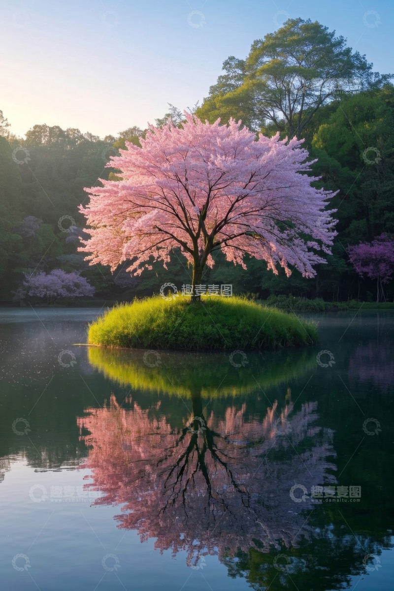高清大图下载【趣麦麦图】湖心岛盛开的粉色樱花树