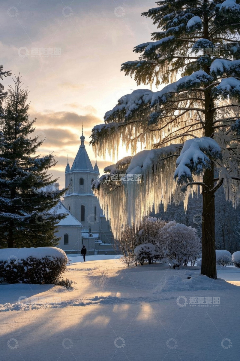高清大图下载【趣麦麦图】雪后森林中的教堂与行人