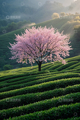 高清大图下载【趣麦麦图】茶园中盛开的粉色樱花树