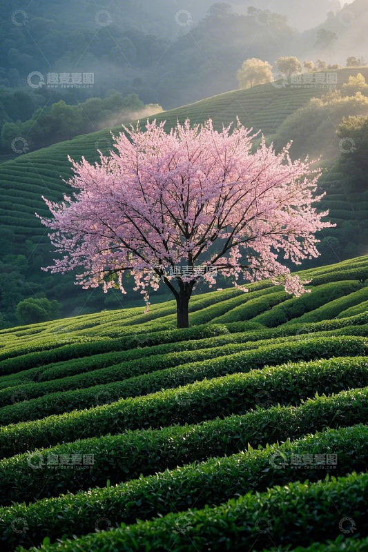 茶园中盛开的粉色樱花树