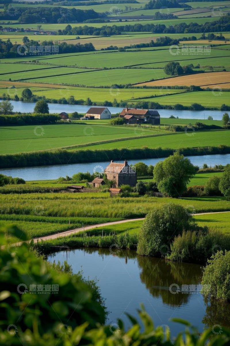高清大图下载【趣麦麦图】乡村田园河流与农舍景观