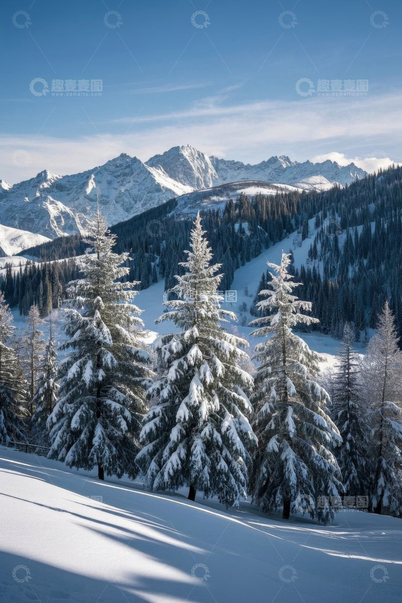 高清大图下载【趣麦麦图】雪山下的雪松林自然景观